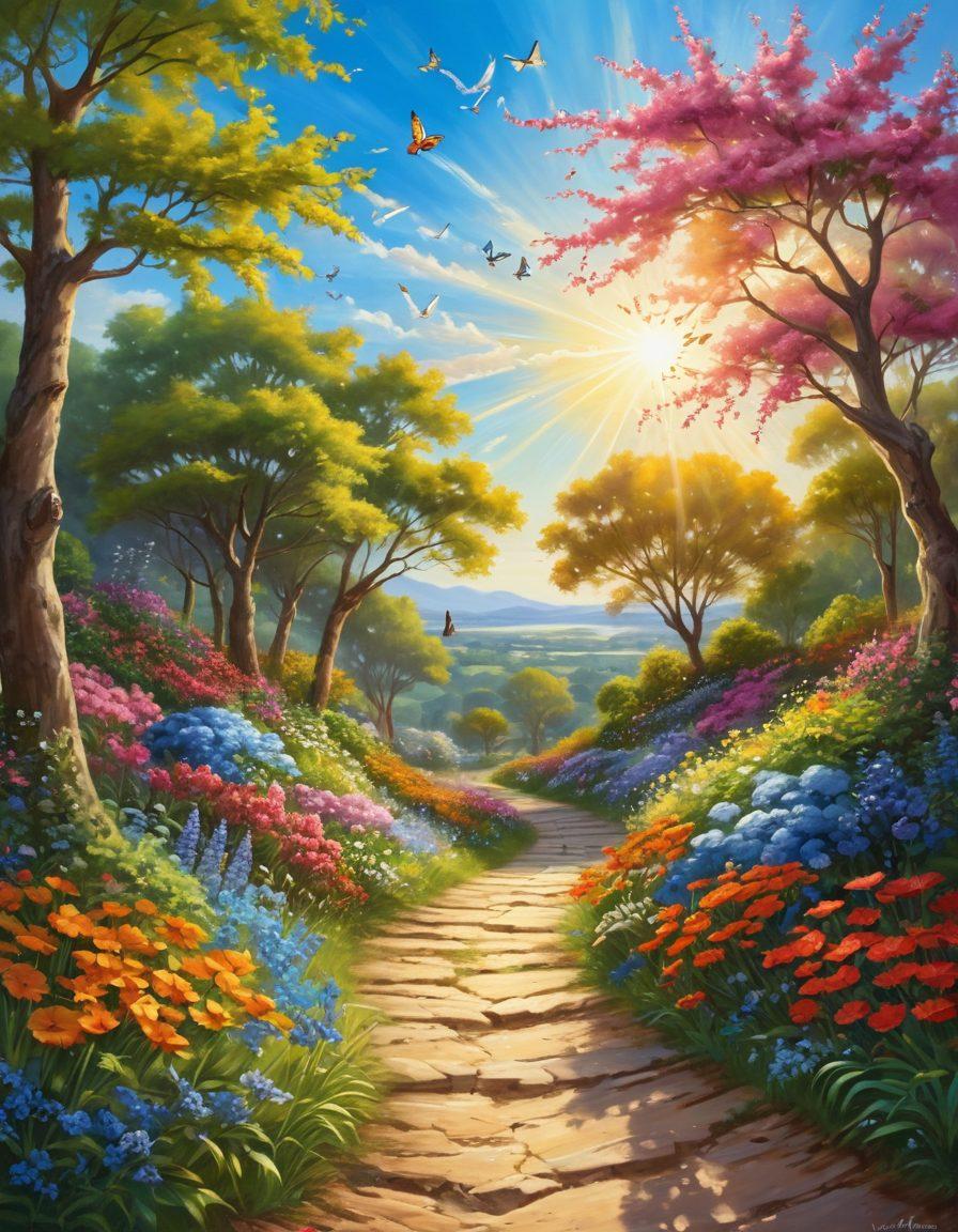 A vibrant, lush landscape depicting a winding path under a bright blue sky, lined with blossoming flowers and trees, symbolizing the journey of life. Include joyful individuals laughing and embracing along the path, showcasing diverse cultures and ages. In the distance, a radiant sunburst emerges, casting a warm glow over the scene, representing happiness and hope. Add whimsical elements like butterflies and birds to enhance the sense of wonder. vibrant colors. super-realistic.