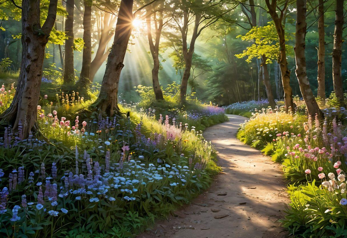 A vibrant landscape depicting a winding path leading through a lush forest filled with blooming flowers, symbolizing a journey to bliss. Along the path, silhouettes of diverse people engaging in joyful activities, such as laughing, dancing, and meditating. A radiant sun breaking through the trees illuminates the scene, creating an ethereal atmosphere of happiness and warmth. A light pastel color palette to evoke feelings of joy and tranquility. super-realistic. vibrant colors.