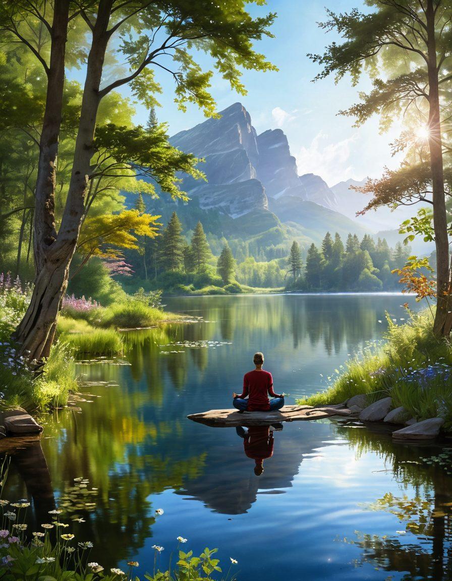 A serene landscape depicting a peaceful lake surrounded by lush green hills and blooming wildflowers, radiating a sense of tranquility and happiness. A person meditating by the lakeside, with gentle rays of sunlight breaking through the trees and reflecting off the water, creating a magical atmosphere. The scene conveys the essence of joy and fulfillment in life. vibrant colors. super-realistic.